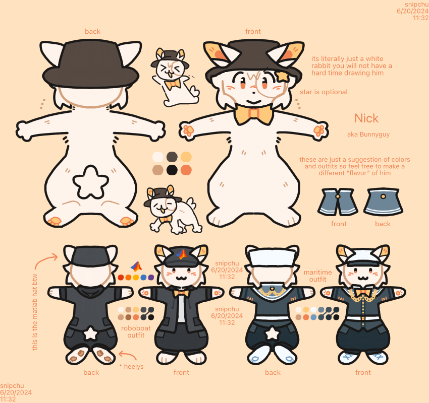 A reference sheet of a white bunny wearing a black bucket hat, a monocle, and a yellow bowtie.