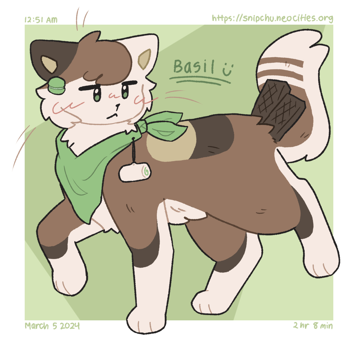 A brown and white cat wearing a green bandana looks around.