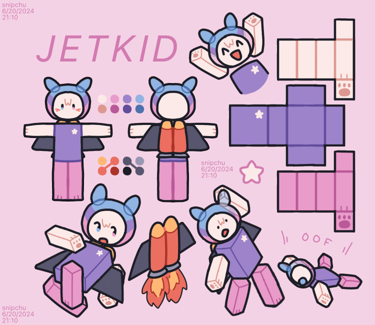 A reference sheet of a blue, purple, pink, and white robloxian wearing a helmet and jetpack.