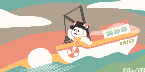 A pixel art drawing of Bunnyguy sailing on a fishing boat in the sunrise.