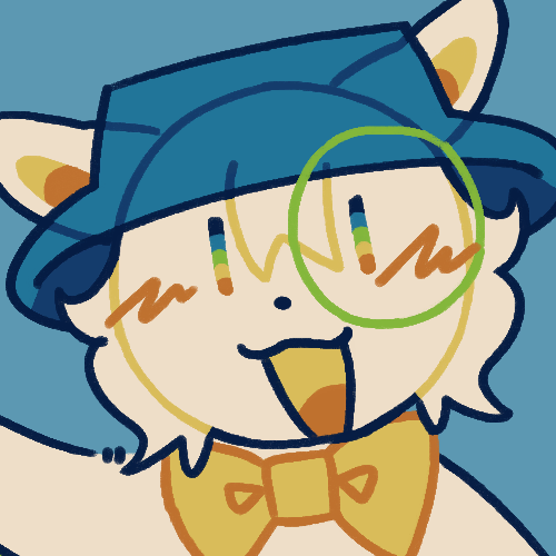 Headshot drawing of Bunnyguy, a white rabbit with a yellow bluetie, green monocle, and blue bucket hat