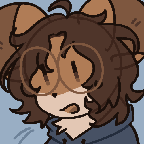 Headshot drawing of Mouse, a golden mouse with unkempt curly brown hair, circular glasses, and a slate-blue hoodie