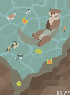 An otter laying in a small pond containing lilypads and koi fish.