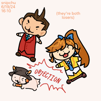 Chibi drawings of Athena Cykes and Apollo Justice from Ace Attorney. A smaller drawing of a white bunny and the 'Objection!' speech bubble sits next to them.