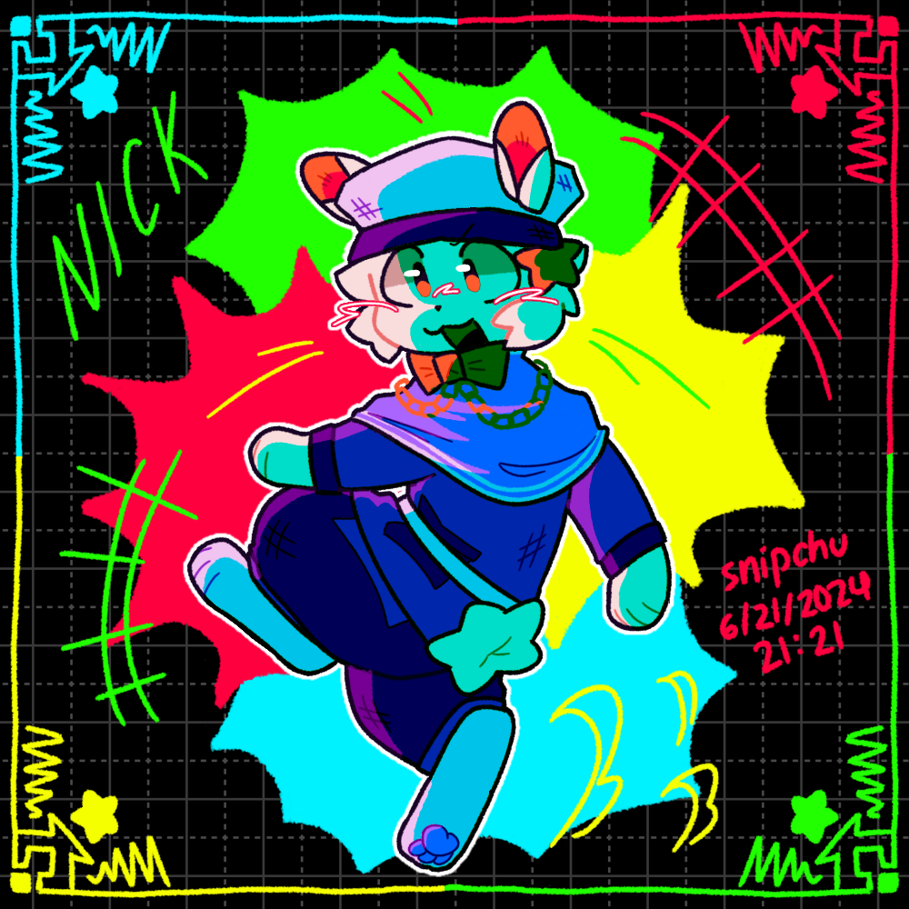 A white bunny in a marine outfit. The name 'NICK' is written beside it in uppercase. The drawing is extremely saturated with lots of neons.