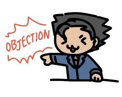 A chibi drawing of Phoenix Wright (from Ace Attorney) pointing to the left. The 'Objection!' speech bubble sits next to him.